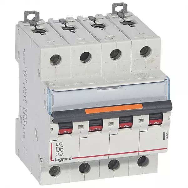 legrand-disjoncteur dx� 25ka arriv�e haute/d�part bas vis 4p 6a -courbe d - 4 mod (409844)