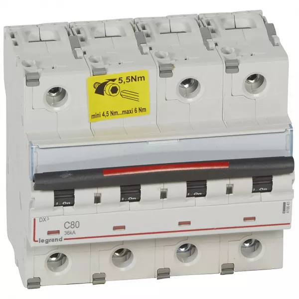 legrand-disjoncteur dx� 36ka arriv�e haute/d�part bas vis 4p 80a - courbe c - 6 mod (410041)