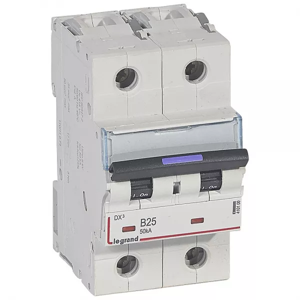 legrand-disjoncteur dx� 50ka arriv�e haute/d�part bas vis 2p 25a - courbe b - 3 mod (410100)