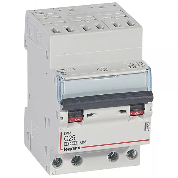 legrand-disjoncteur dx�4500 6ka bornes auto/vis 4p 400v~ 25a courbe c - 3 modules (406921)