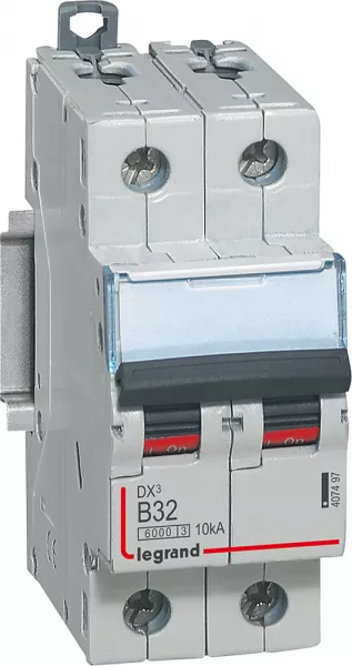 legrand-disjoncteur dx�6000 10ka arriv�e haute/d�part bas vis 2p 32a courbe b - 2 mod (407497)