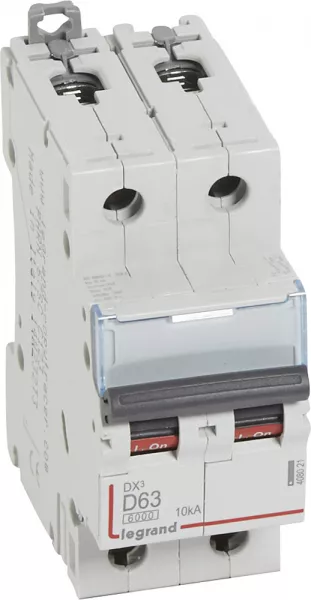 legrand-disjoncteur dx�6000 10ka arriv�e haute/d�part bas vis 2p 63a courbe d - 2 mod (408021)