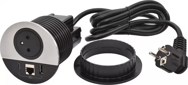 legrand-disq80 incara 2p+t + usb a+c + rj45 + cordon fiche 2p+t - m�tal (654703)