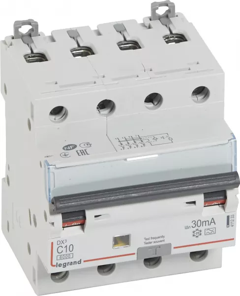 legrand-dx3 disj differentiel 4p c 10a 6000a a 3 0ma 4 modules (411233)