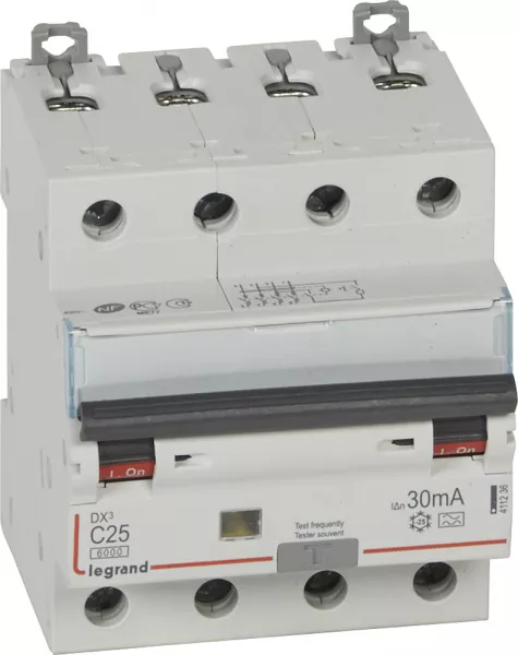 legrand-dx3 disj differentiel 4p c 25a 6000a a 3 0ma 4 modules (411236)