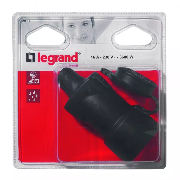 legrand-fiche femelle avec terre + volet ip44 - caoutchouc - 16a -� vis -blister -noir (093917)