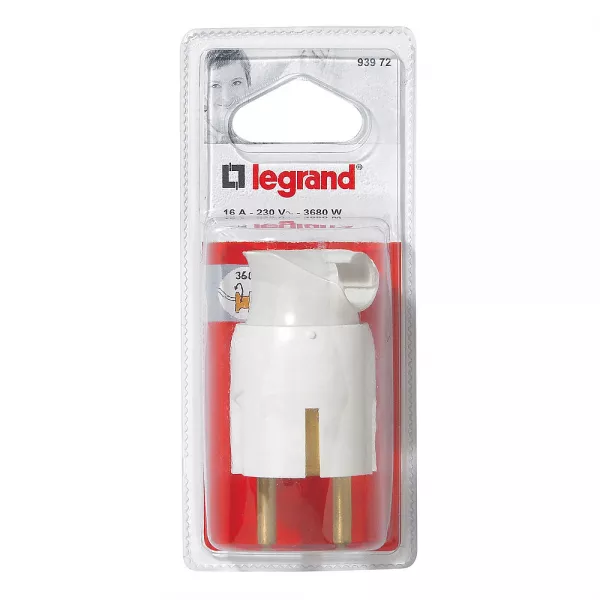legrand-fiche m�le avec terre plastique - orientation du c�ble 360� - blister - blanc (093972)