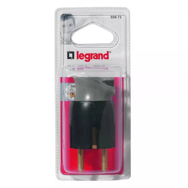 legrand-fiche m�le avec terre plastique - orientation du c�ble 360� - blister - noir (093973)