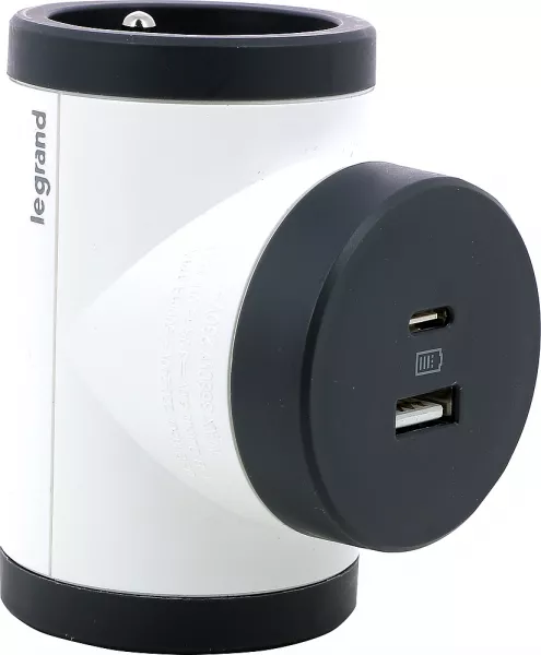 legrand-fiche rotative 2x2p+t lat�rales 16a 230v 3680w avec usb a+c - blanc/gris fonc� (049437)