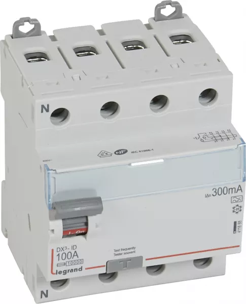 legrand-interrupteur diff�rentiel dx�-id haut/bas vis - 4p 400v~ 100a a 300ma - 4 mod (411688)