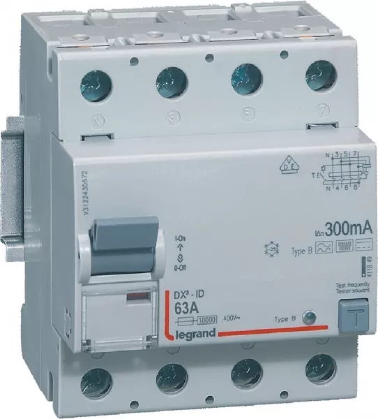 legrand-interrupteur diff�rentiel dx�-id haut/bas vis - 4p 400v~ 63a b 300ma -4 modules (411849)