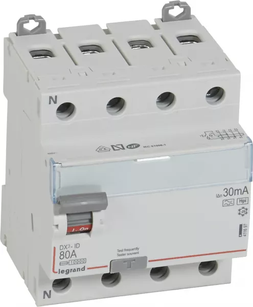 legrand-interrupteur diff�rentiel dx�-id haut/bas vis - 4p 400v~ 80a f 30ma - 4 modules (411697)
