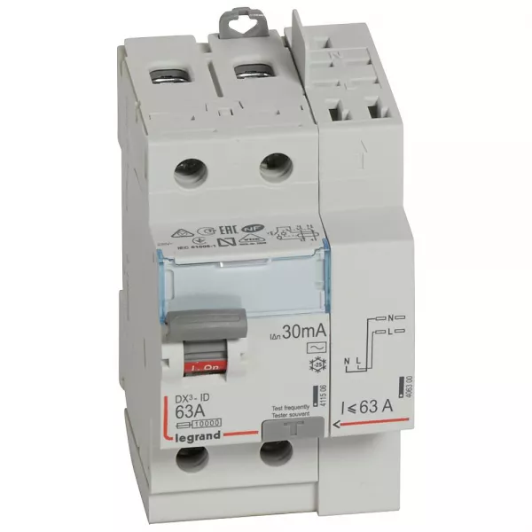legrand-interrupteur diff�rentiel dx�-id haut vis/haut auto 2p 230v~ 63a ac 30ma - 3 mod (411633)