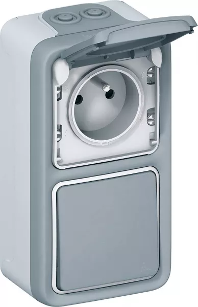 legrand-interrupteur ou va-et-vient + prise avec terre plexo saillie vertical - gris (069914)