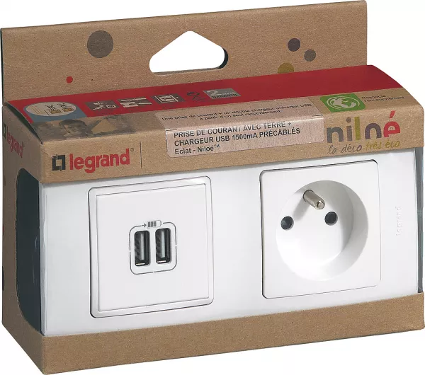 legrand-kit prise double usb + 2p+t blanc saillie niloe (200359)