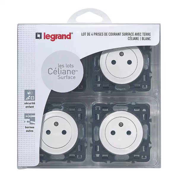 legrand-lot de 4 prises de courant avec terre c�liane surface - blanc (200260)