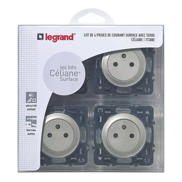 legrand-lot de 4 prises de courant avec terre c�liane surface - titane (200261)