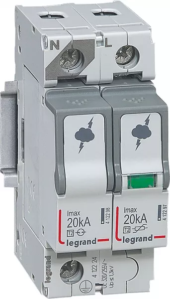 legrand-parafoudre basse tension typet2 imax 20ka/p�le - 1p+n 320v~ - 2 modules (412224)