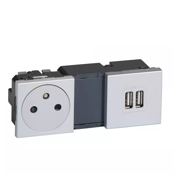 legrand-prise 2p+t surface + prises 2 usb typea 3a 5v= mosaic 2x2modules 230v -alu (079395)