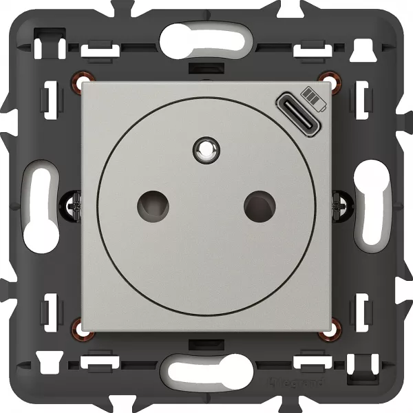 legrand-prise 2p+t surface avec prise usb type-c mosaic 2 modules avec support - alu (079361l)