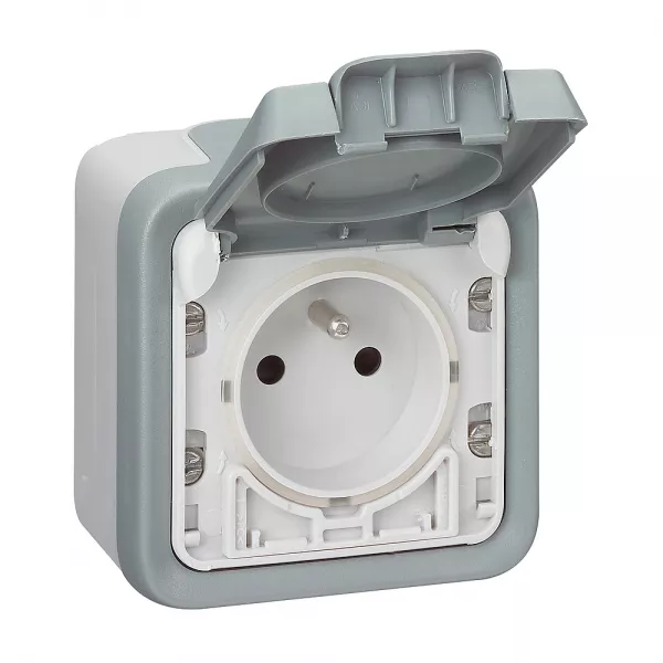 legrand-prise de courant avec terre + volet ip55 � ouverture auto plexo apparent - gris (069911)