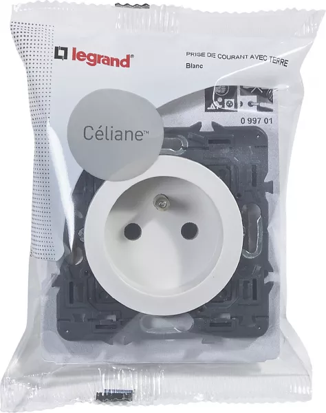 legrand-prise de courant avec terre c�liane - blanc avec support (099701)