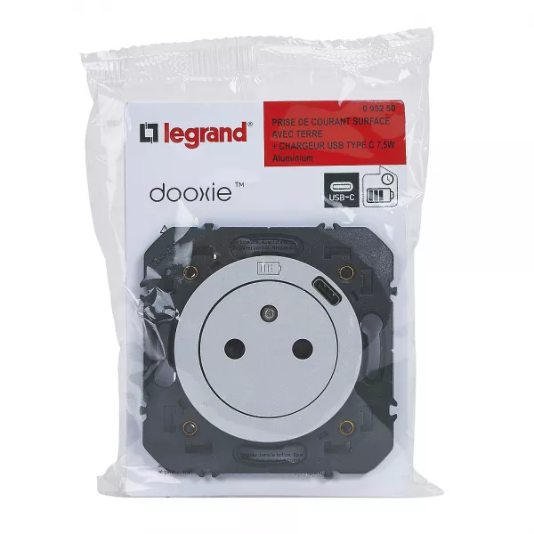 legrand-prise de courant surface 2p+t avec chargeur usb type-c dooxie - alu (095250)