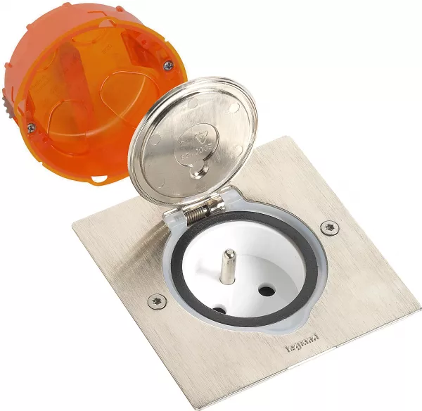 legrand-prise de sol inox �tanche ip44 avec clapet de protection + boite � encastrer (092110)