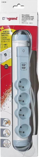 legrand-rallonge 4 prises de courant + 2 chargeurs usb - blanc/gris (050390)