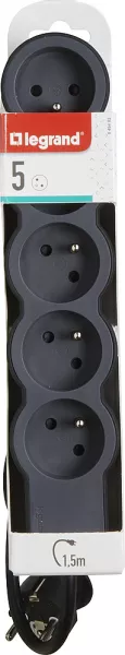 legrand-rallonge 5x2p+t avec cordon 1,5m 3g 1mm� - noir/gris fonc� (049482)