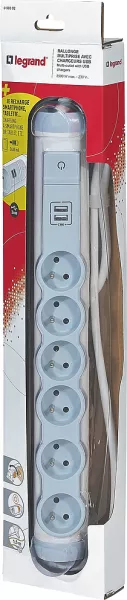 legrand-rallonge 6 prises de courant + 2 chargeurs usb - blanc/gris (050392)