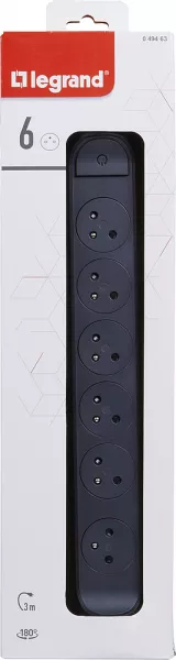legrand-rallonge 6x2p+t surface avec interrupteur et cordon 3m 3g 1,5mm� - noir/gris (049463)
