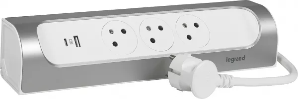 legrand-rallonge d\'angle 3x2p+t surface et usb a+c avec cordon 1m - blanc/alu (049406)