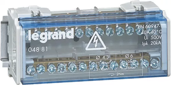 legrand-r�partiteur monobloc 2p � bornes 40a 13 connexions maxi/barreau - 6 modules din (004881)