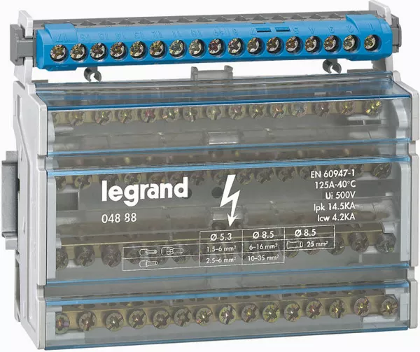 legrand-r�partiteur monobloc 4p � bornes 125a -15 connexions par barreau - 8 modules din (004888)