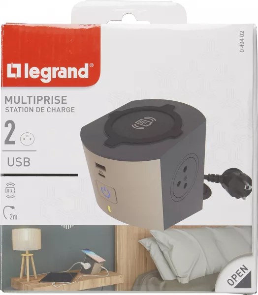 legrand-station de charge 2x2p+t, chargeur sans fil, usb a+c et cordon 2m - taupe/gris (049402)