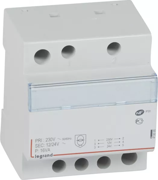 legrand-transformateur de s�curit� 230v vers 12v ou 24v - 16va - 4 modules (413095)