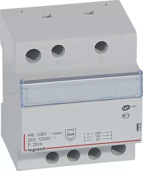 legrand-transformateur de s�curit� 230v vers 12v ou 24v - 25va - 4 modules (413096)