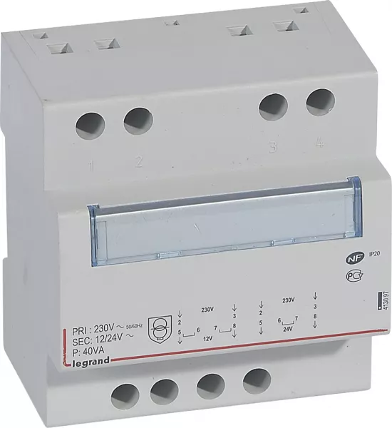 legrand-transformateur de s�curit� 230v vers 12v ou 24v - 40va - 5 modules (413097)