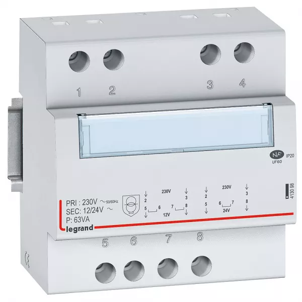 legrand-transformateur de s�curit� 230v vers 12v ou 24v - 63va - 5 modules (413098)