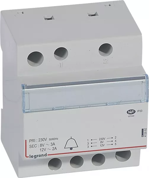 legrand-transformateur pour sonnerie 230v vers 12v ou 8v - 24va - 4 modules (413092)