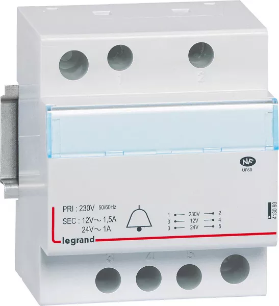legrand-transformateur pour sonnerie 230v vers 24v � 12v - 24va � 18 va - 4 modules (413093)