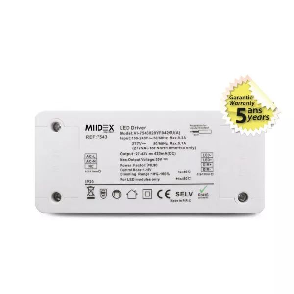 MIIDEX - &ALIM LED 27-42V DIM 0-10V DC 18W IP20 (7543)