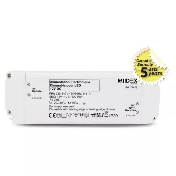 MIIDEX - ALIM 12V DC DIM COUPURE PHASE 50W IP20 5ANS (75422)