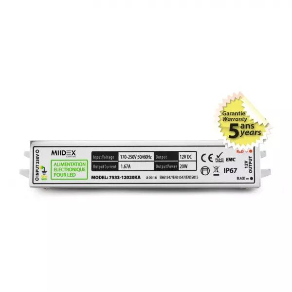 MIIDEX - ALIM 12V DC LUMINEUX 20W IP67 5ANS (7533)