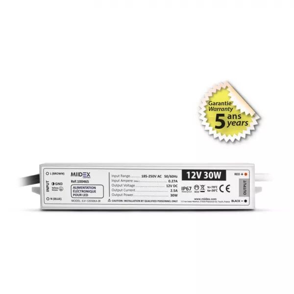 MIIDEX - ALIM 12V DC LUMINEUX 30W IP67 5ANS (100465)