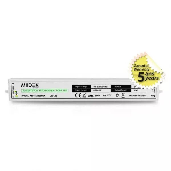 MIIDEX - ALIM 24V DC LUMINEUX 30W IP67 5ANS (75341)