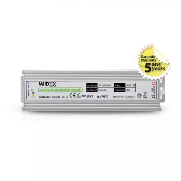 MIIDEX - ALIM 24V DC LUMINEUX 60W IP67 5ANS (75351)