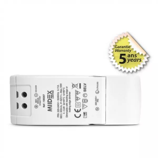 MIIDEX - ALIM 31-62V DIM COUPURE DE PHASE 18W 300MA IP20 5ANS (100267)