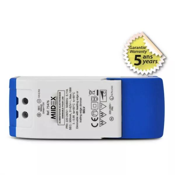 MIIDEX - ALIM 31-62V DIM COUPURE DE PHASE 18W 300MA IP20 5ANS (75476)